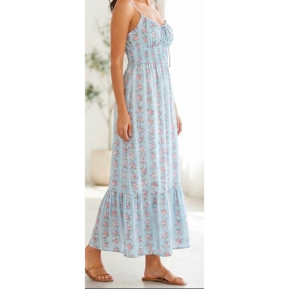Women Blue Floral Smocked Coquette Fairy Garden Cottagecore Maxi Dress Tiered M